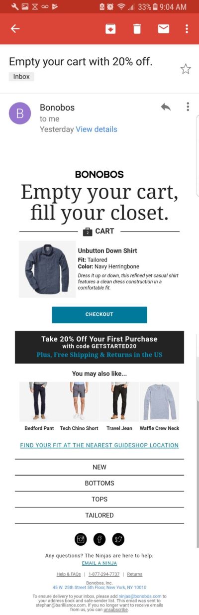 Bonobos Abandoned Cart Email Template full example