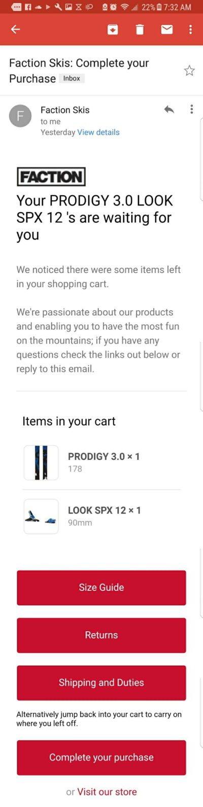 Faction Ski's Abandoned Cart Recovery Email Template