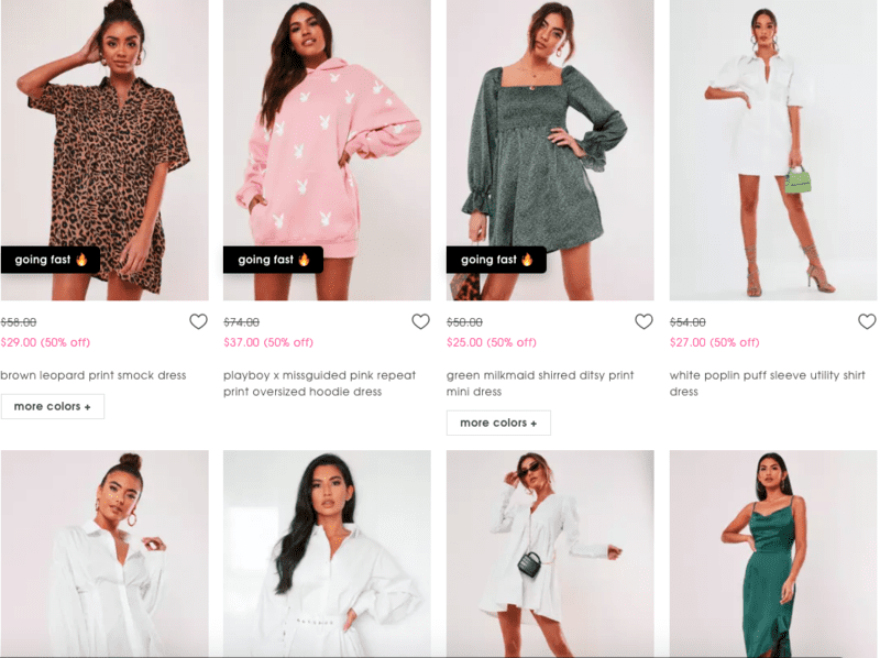Missguided category page with labels